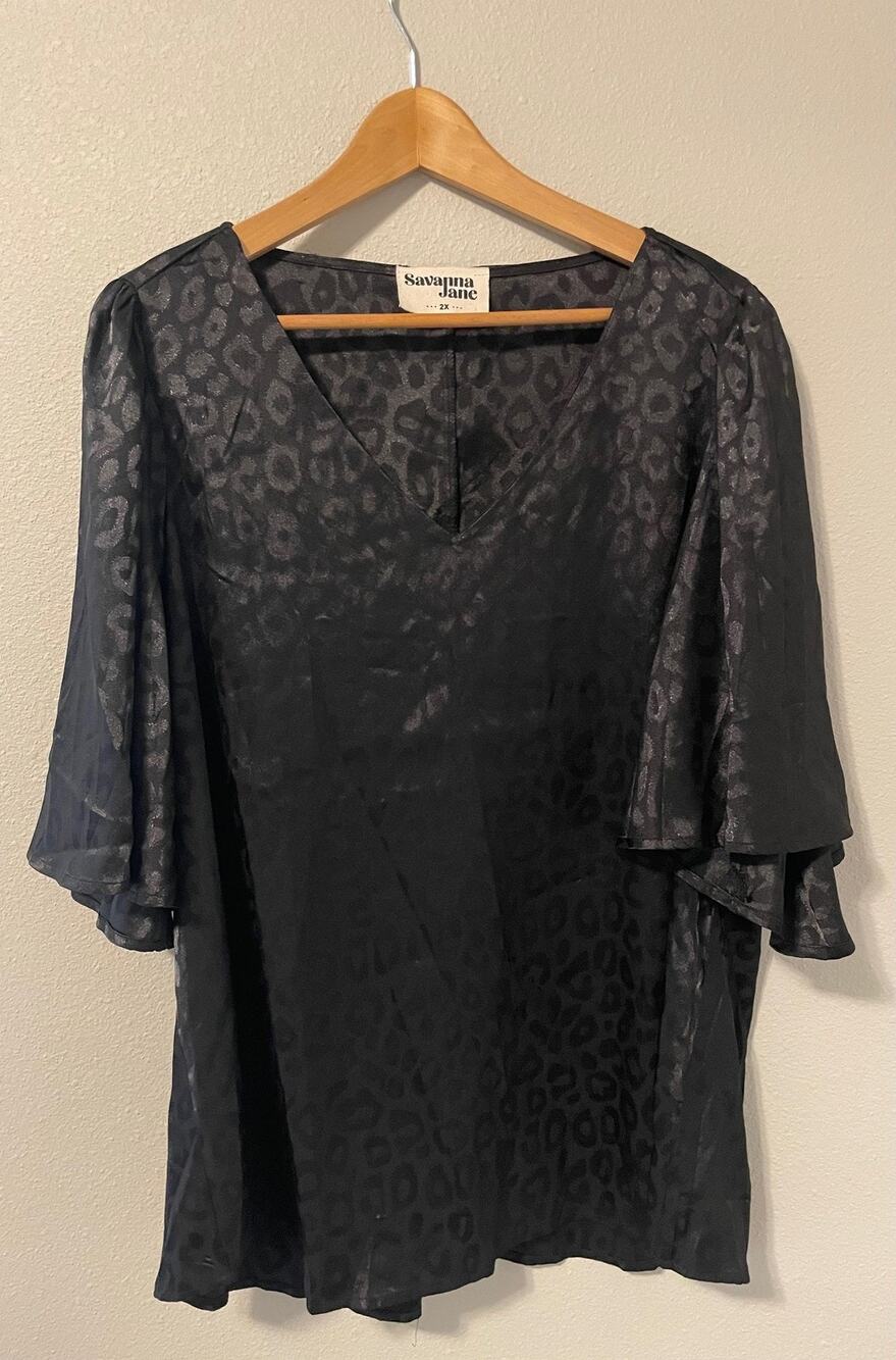 Savanna Jane Top Womens 2X Black Leopard Flutter Sleeve Sheer Blouse Lightweight